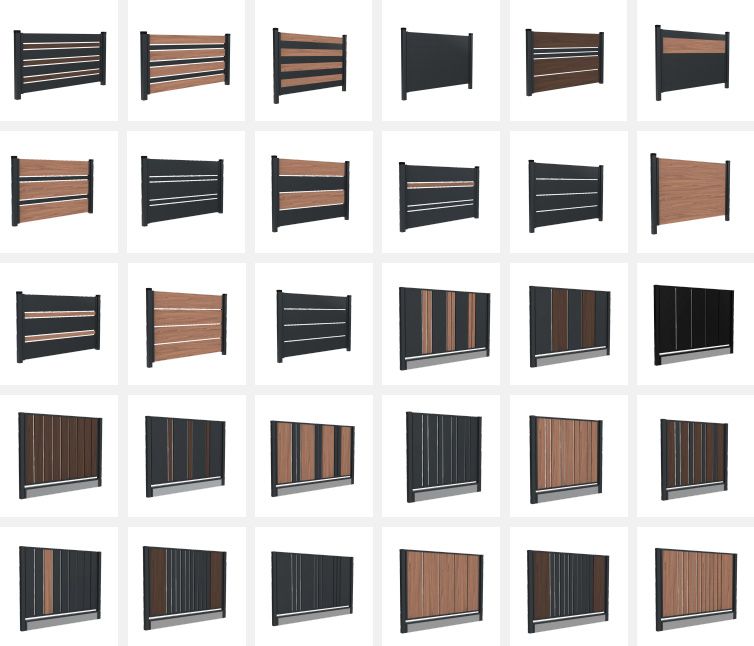 Konfiguration - Überblick: viele verschiedene Farb,- und Materialkombinationen der modularen Zäune